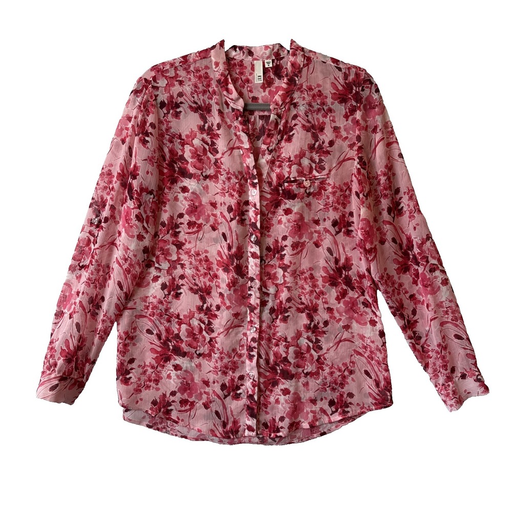 Kut‎ From the Kloth Pink Cherry Blossom Floral Sheer Chiffon Button Up Shirt M